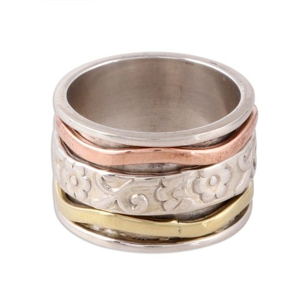 Alternate image for Floral Sterling Silver Spinner Ring with Brass and Copper Blossom Delight