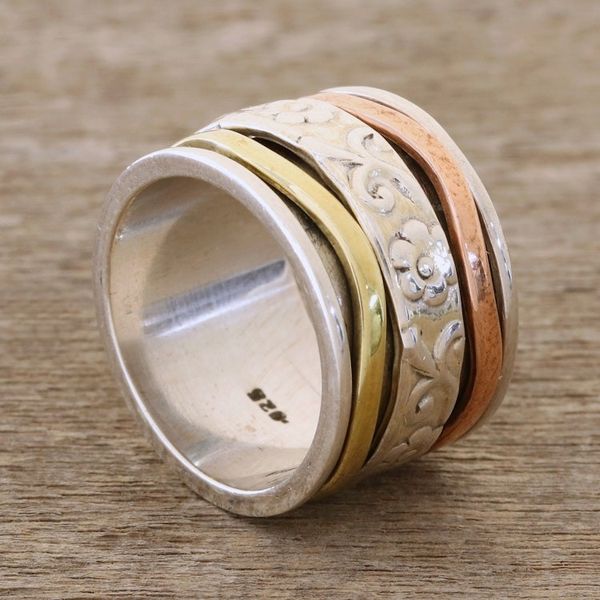 Alternate image for Floral Sterling Silver Spinner Ring with Brass and Copper Blossom Delight