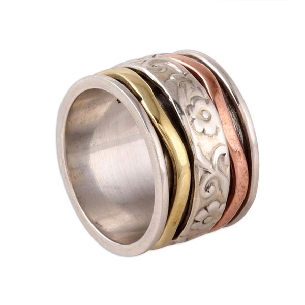 Alternate image for Floral Sterling Silver Spinner Ring with Brass and Copper Blossom Delight