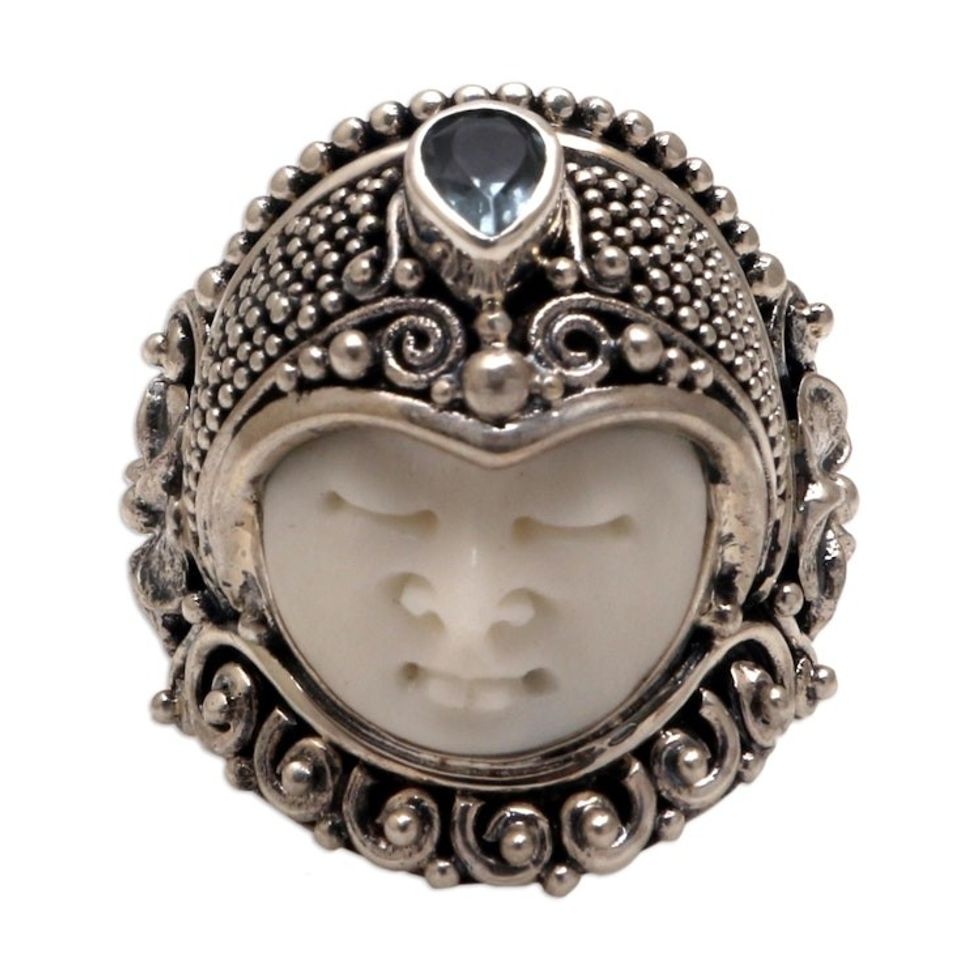 Blue Topaz and Bone Cocktail Ring from Bali 'Bali Prince'