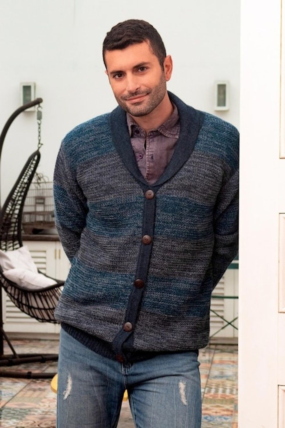 Men's Andean Alpaca Cardigan Sweater 'Andean Spruce'
