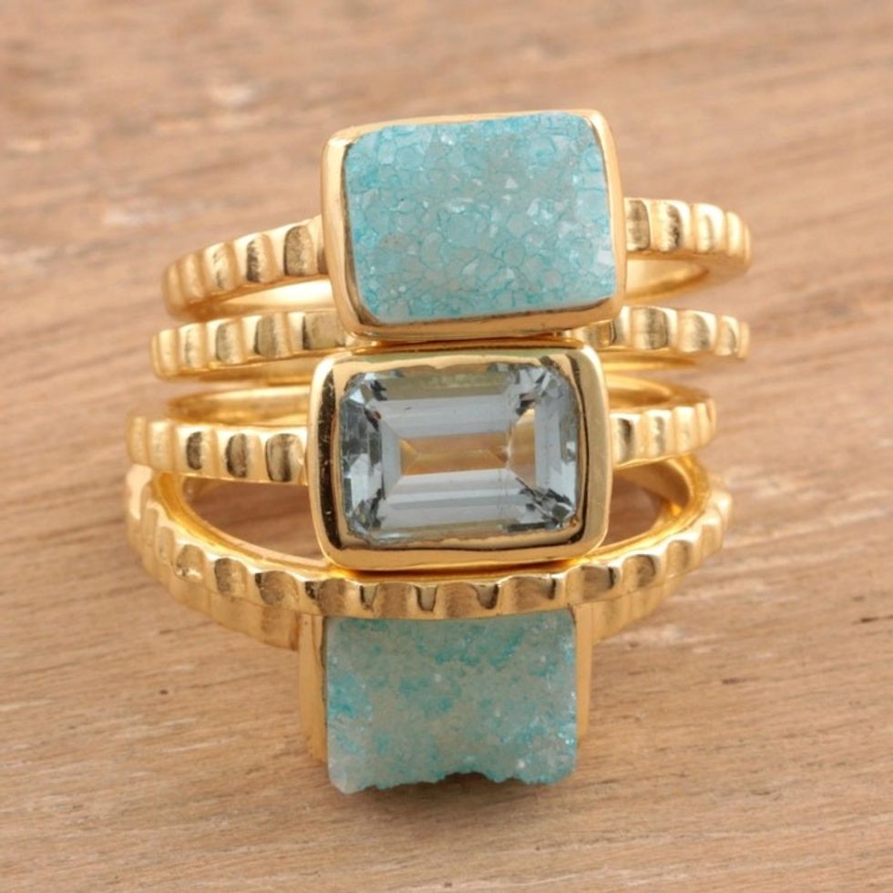 Gold Plated Druzy Gemstone Rings from India Set of 5 'Blue Rectangles'