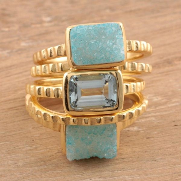 Alternate image for Gold Plated Druzy Gemstone Rings from India Set of 5 Blue Rectangles