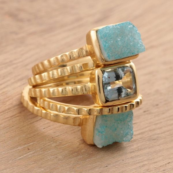 Alternate image for Gold Plated Druzy Gemstone Rings from India Set of 5 Blue Rectangles