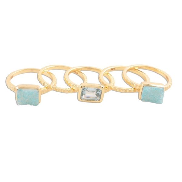 Alternate image for Gold Plated Druzy Gemstone Rings from India Set of 5 Blue Rectangles