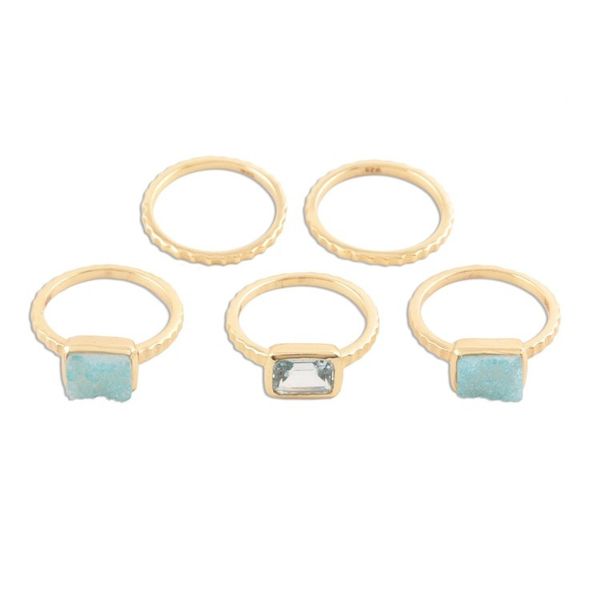 Alternate image for Gold Plated Druzy Gemstone Rings from India Set of 5 Blue Rectangles