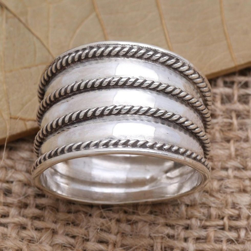 Rope Motif Wide Sterling Silver Band RIng 'Between the Lines'
