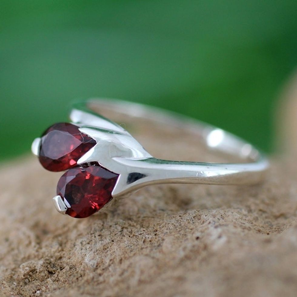 Artisan Crafted Garnet and Silver Ring 'Rose of Love'