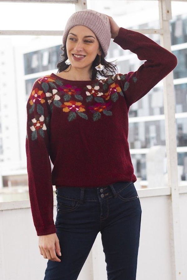 Alternate image for Burgundy Floral Intarsia Knit 100 Alpaca Sweater Burgundy Garden