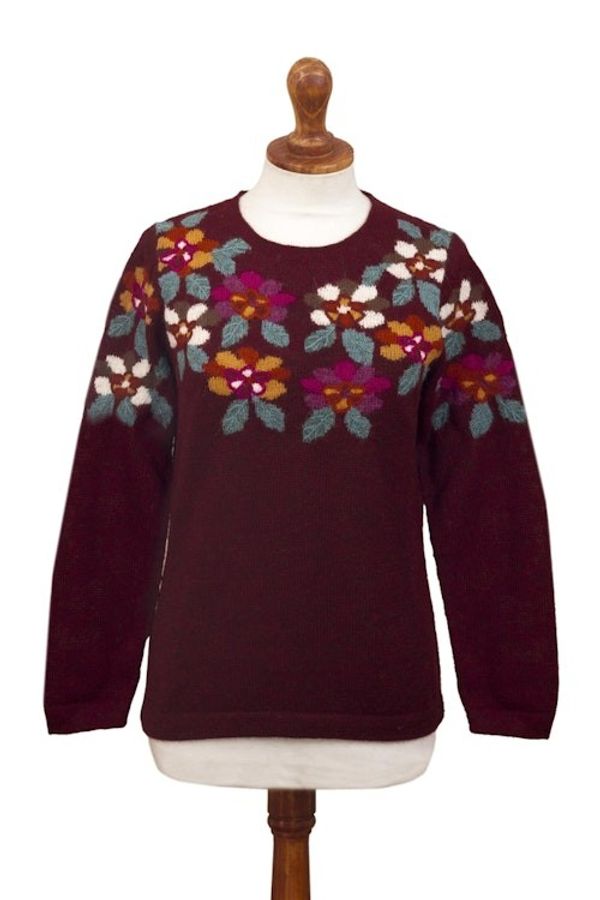 Alternate image for Burgundy Floral Intarsia Knit 100 Alpaca Sweater Burgundy Garden