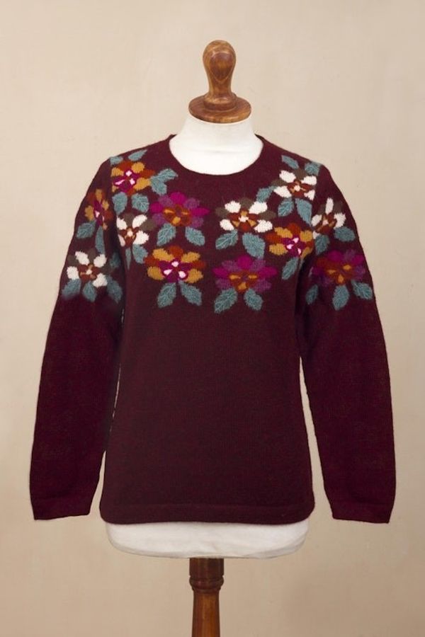 Alternate image for Burgundy Floral Intarsia Knit 100 Alpaca Sweater Burgundy Garden