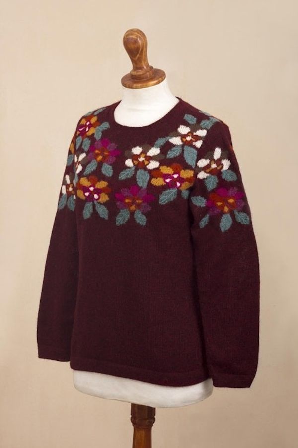 Alternate image for Burgundy Floral Intarsia Knit 100 Alpaca Sweater Burgundy Garden