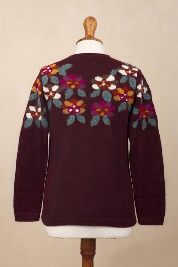 Alternate image for Burgundy Floral Intarsia Knit 100 Alpaca Sweater Burgundy Garden
