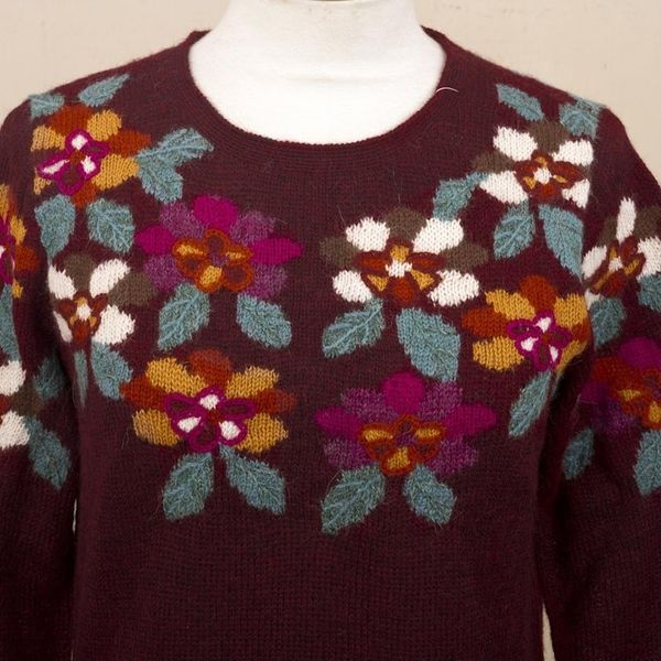 Alternate image for Burgundy Floral Intarsia Knit 100 Alpaca Sweater Burgundy Garden
