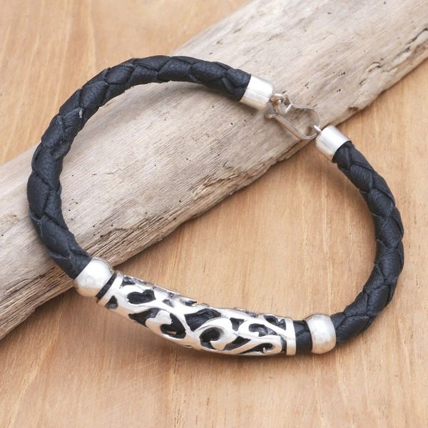 Alternate image for Black Leather and Sterling Silver Bracelet Uluwatu Cliff