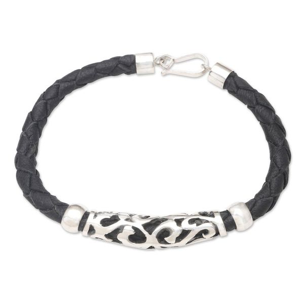 Alternate image for Black Leather and Sterling Silver Bracelet Uluwatu Cliff