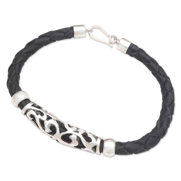 Alternate image for Black Leather and Sterling Silver Bracelet Uluwatu Cliff