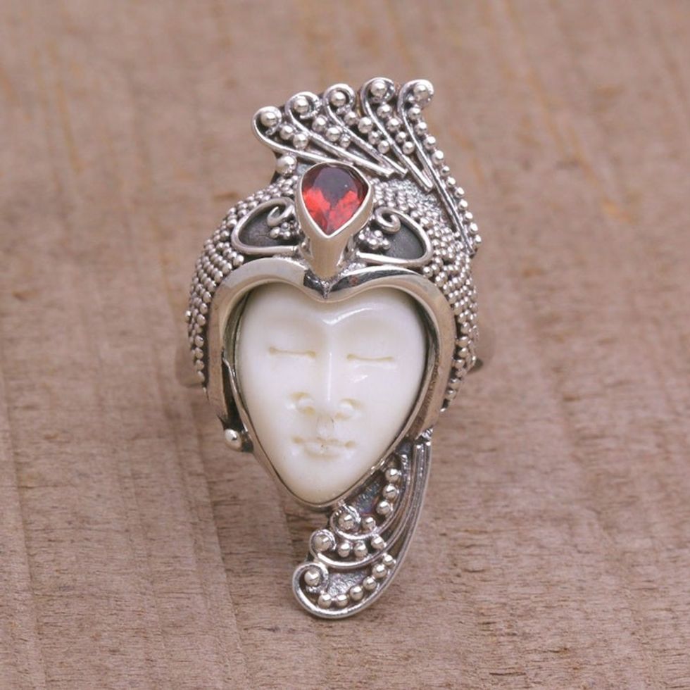 Garnet 925 Silver and Bone Face Cocktail Ring from Bali 'Peacock Prince'
