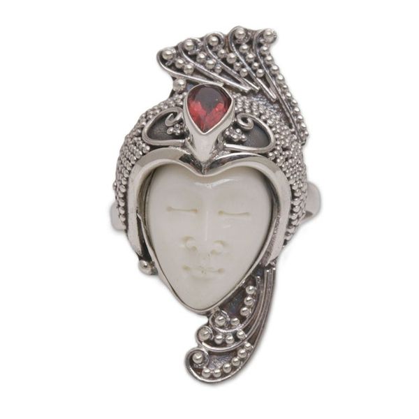 Alternate image for Garnet 925 Silver and Bone Face Cocktail Ring from Bali Peacock Prince