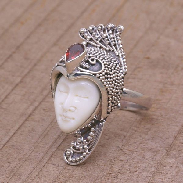 Alternate image for Garnet 925 Silver and Bone Face Cocktail Ring from Bali Peacock Prince