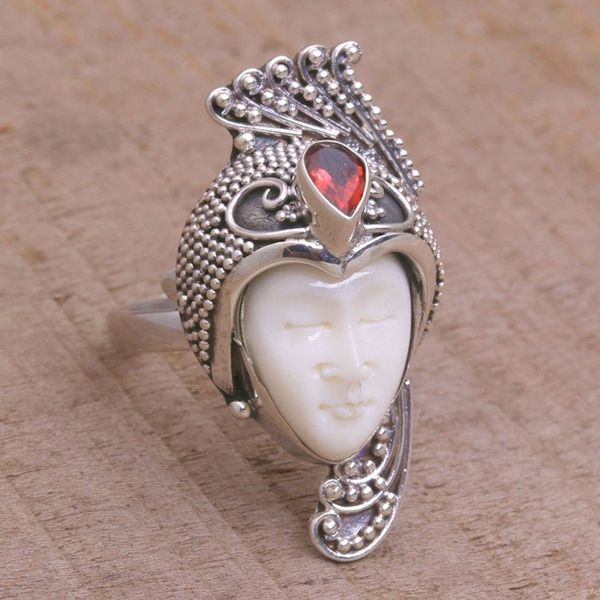 Alternate image for Garnet 925 Silver and Bone Face Cocktail Ring from Bali Peacock Prince
