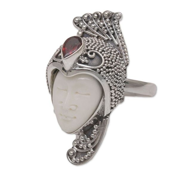 Alternate image for Garnet 925 Silver and Bone Face Cocktail Ring from Bali Peacock Prince
