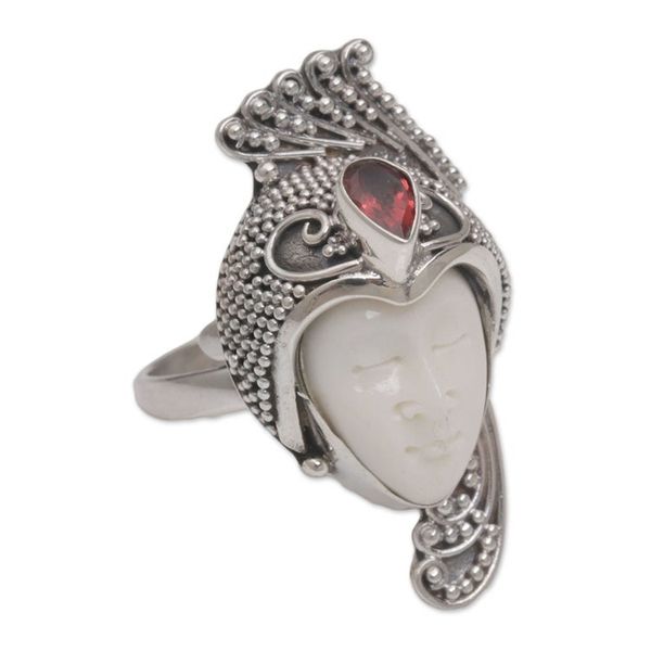 Alternate image for Garnet 925 Silver and Bone Face Cocktail Ring from Bali Peacock Prince
