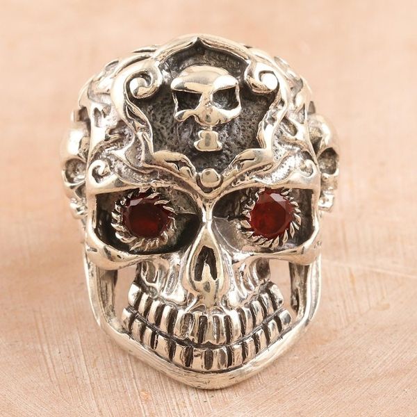 Alternate image for Sterling Silver Skull Cocktail Ring with Garnet Stones Passionate Specter