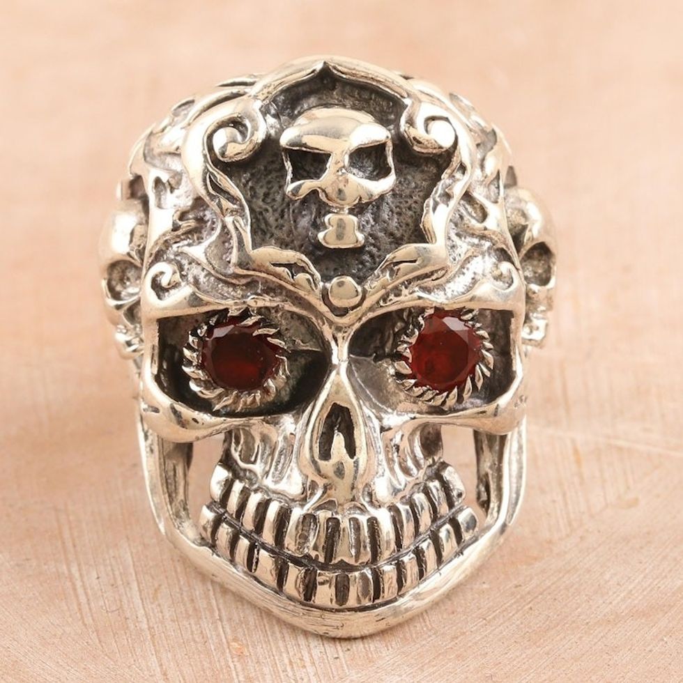 Sterling Silver Skull Cocktail Ring with Garnet Stones 'Passionate Specter'