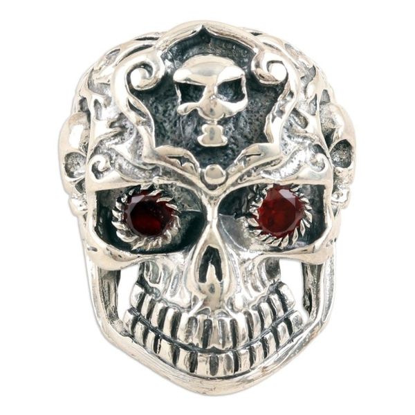 Alternate image for Sterling Silver Skull Cocktail Ring with Garnet Stones Passionate Specter