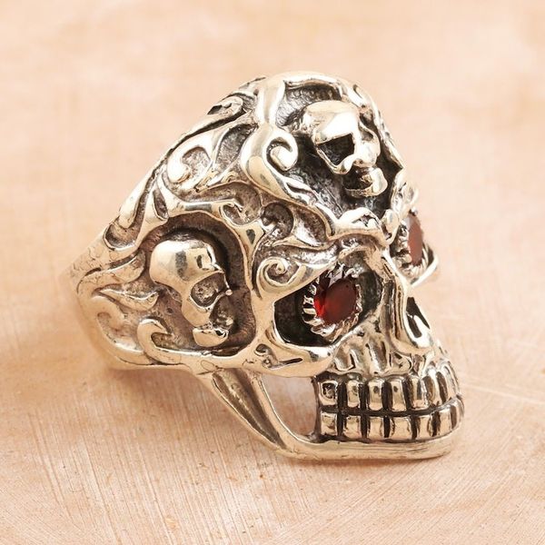 Alternate image for Sterling Silver Skull Cocktail Ring with Garnet Stones Passionate Specter