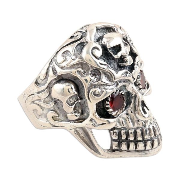 Alternate image for Sterling Silver Skull Cocktail Ring with Garnet Stones Passionate Specter