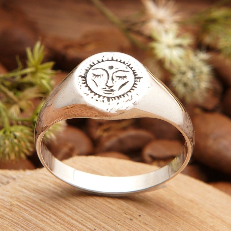 Moon-Themed Polished Sterling Silver Domed Ring from Bali 'Serene as the Moon'