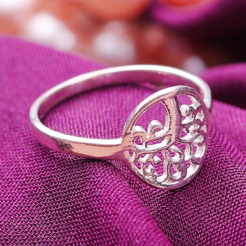 Tree-Themed Sterling Silver Band Ring from India 'Framed Tree'