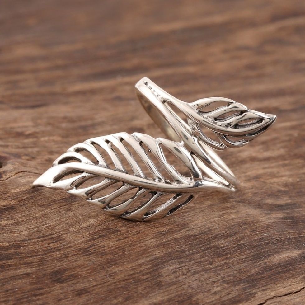 Sterling Silver Leaf Cocktail Ring from India 'Leafy Duo'