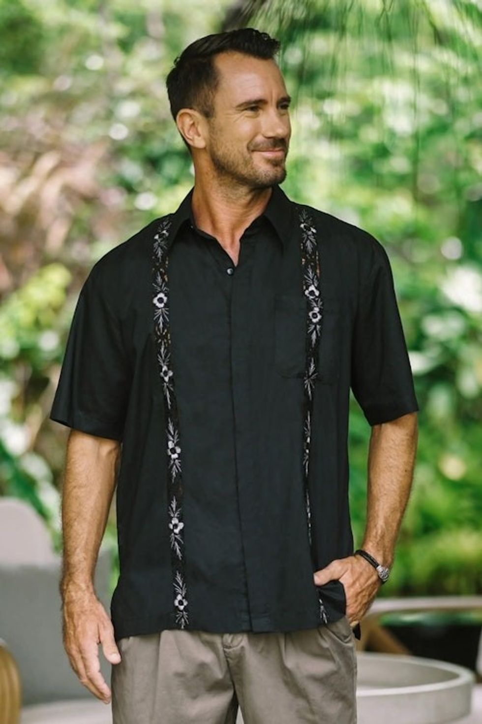 Men's Black Embroidered Cotton Shirt 'Black Borders'