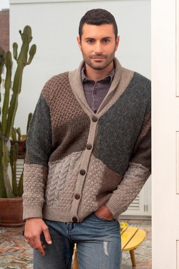 Alternate image for Mens 100 Alpaca Multicolored Sweater in Earth Tones Andes Patchwork
