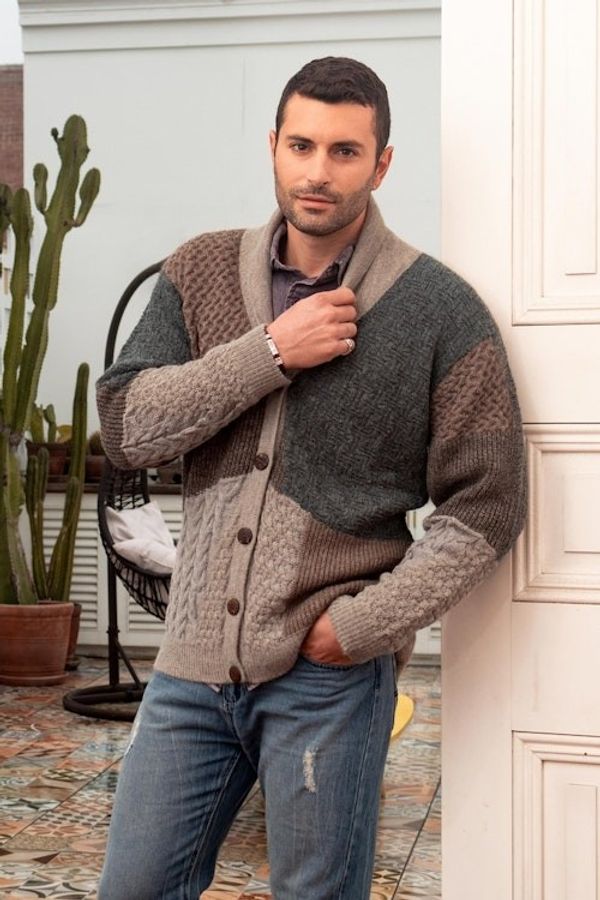 Alternate image for Mens 100 Alpaca Multicolored Sweater in Earth Tones Andes Patchwork