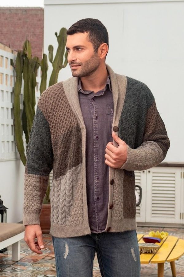 Alternate image for Mens 100 Alpaca Multicolored Sweater in Earth Tones Andes Patchwork