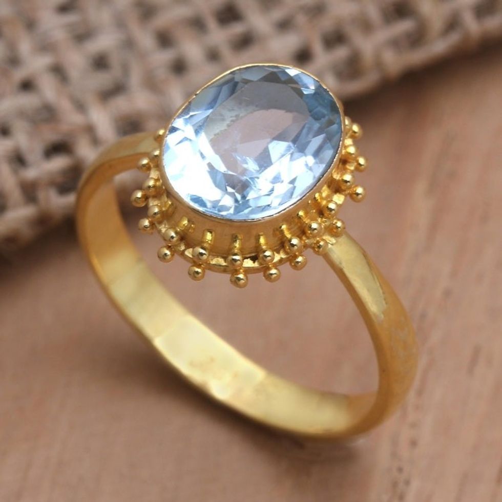 Gold-Plated Blue Topaz Single Stone Ring 'Snowflake Surprise'