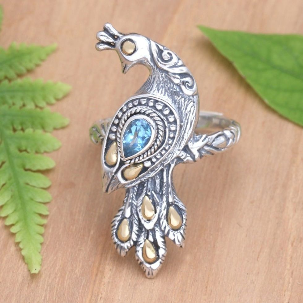 Artisan Crafted Blue Topaz Ring 'Brilliant Peacock'
