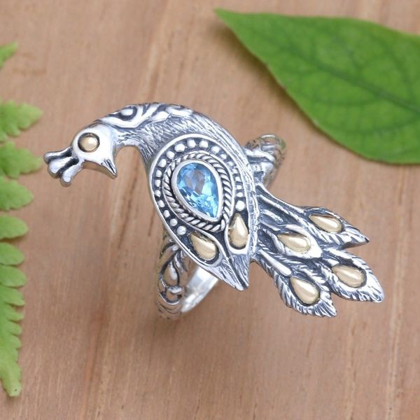Alternate image for Artisan Crafted Blue Topaz Ring Brilliant Peacock
