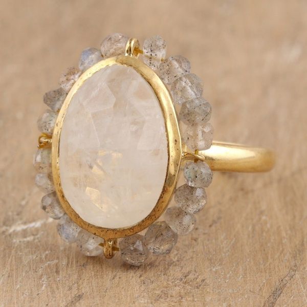 Alternate image for 18k Gold-Plated Cocktail Ring with Faceted Gem and Beads Radiant Oasis