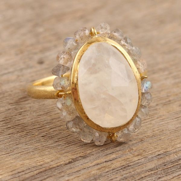 Alternate image for 18k Gold-Plated Cocktail Ring with Faceted Gem and Beads Radiant Oasis
