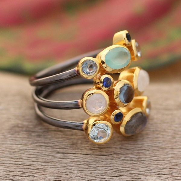 Alternate image for Modern Gold-Accented Multi-Gemstone Cocktail Ring from India Multicolored Fusion