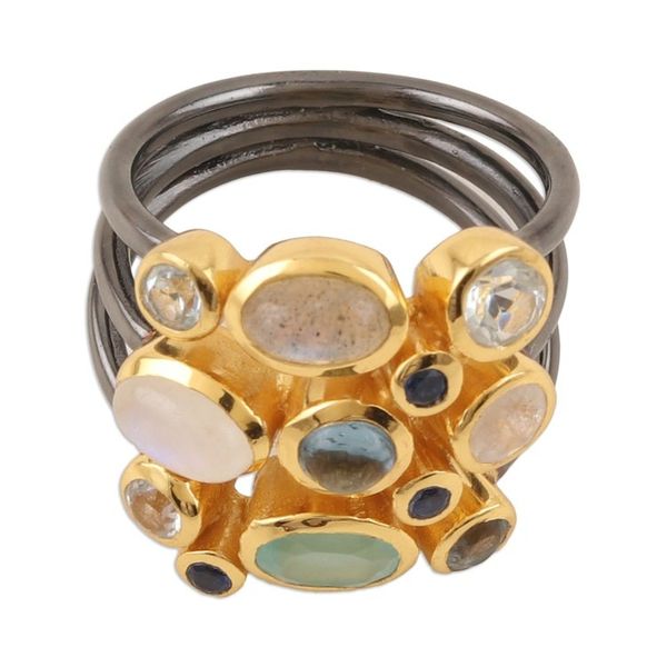 Alternate image for Modern Gold-Accented Multi-Gemstone Cocktail Ring from India Multicolored Fusion