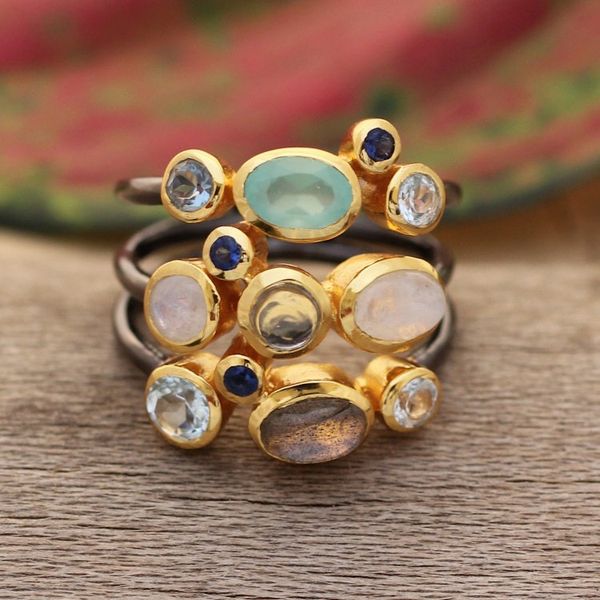 Alternate image for Modern Gold-Accented Multi-Gemstone Cocktail Ring from India Multicolored Fusion