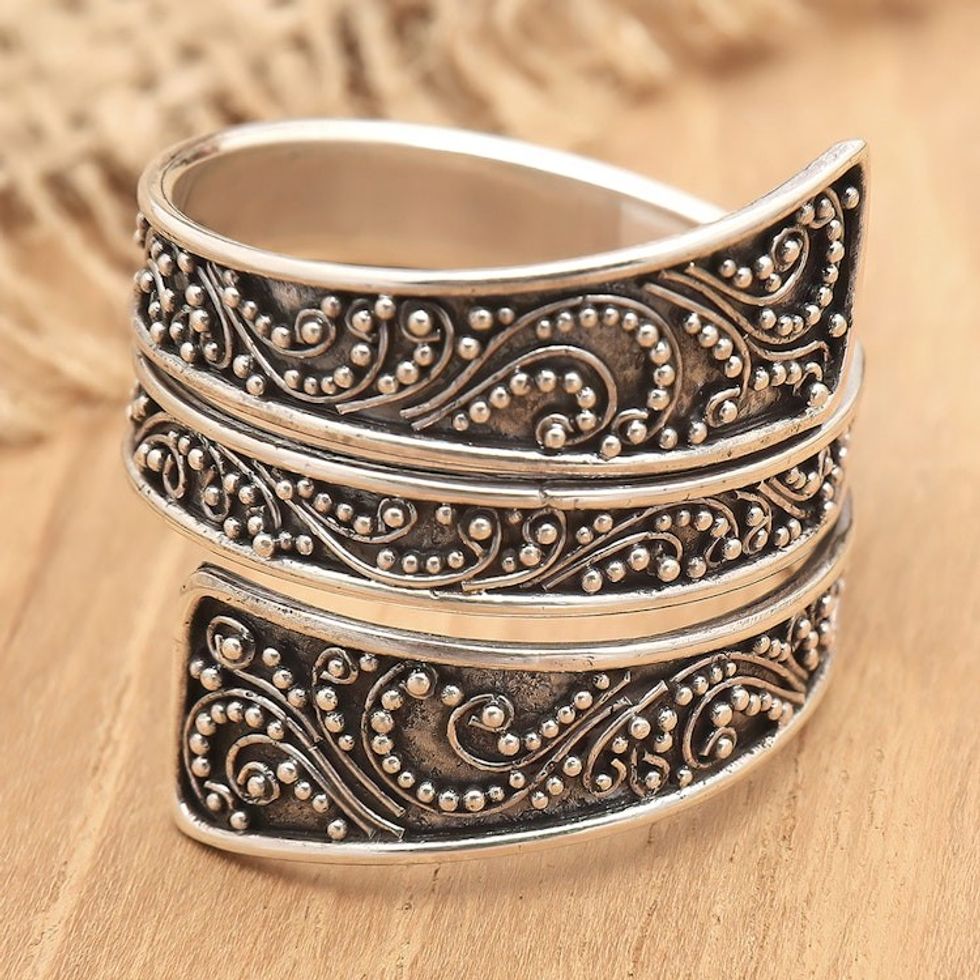 Polished Traditional Balinese Sterling Silver Wrap Ring 'Meet Me in Bali'