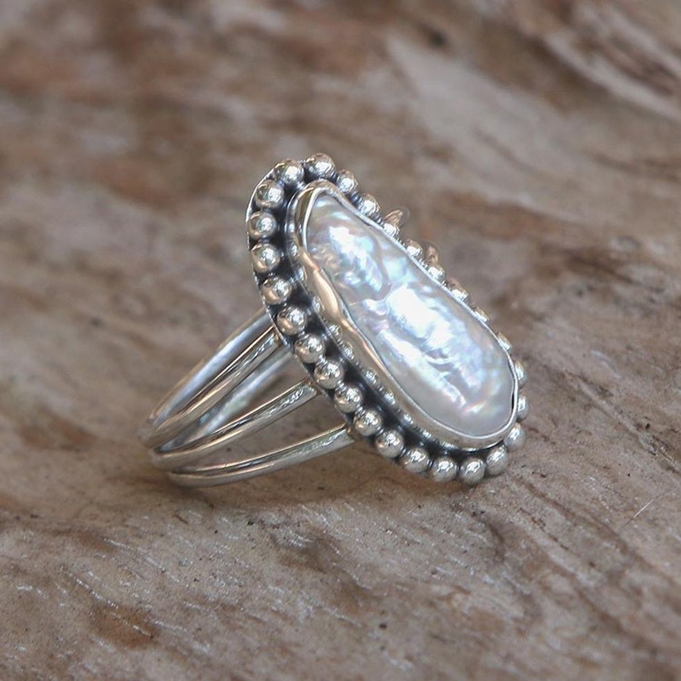 Cultured Pearl Sterling Silver Dot Motif Cocktail Ring 'Laut Princess'