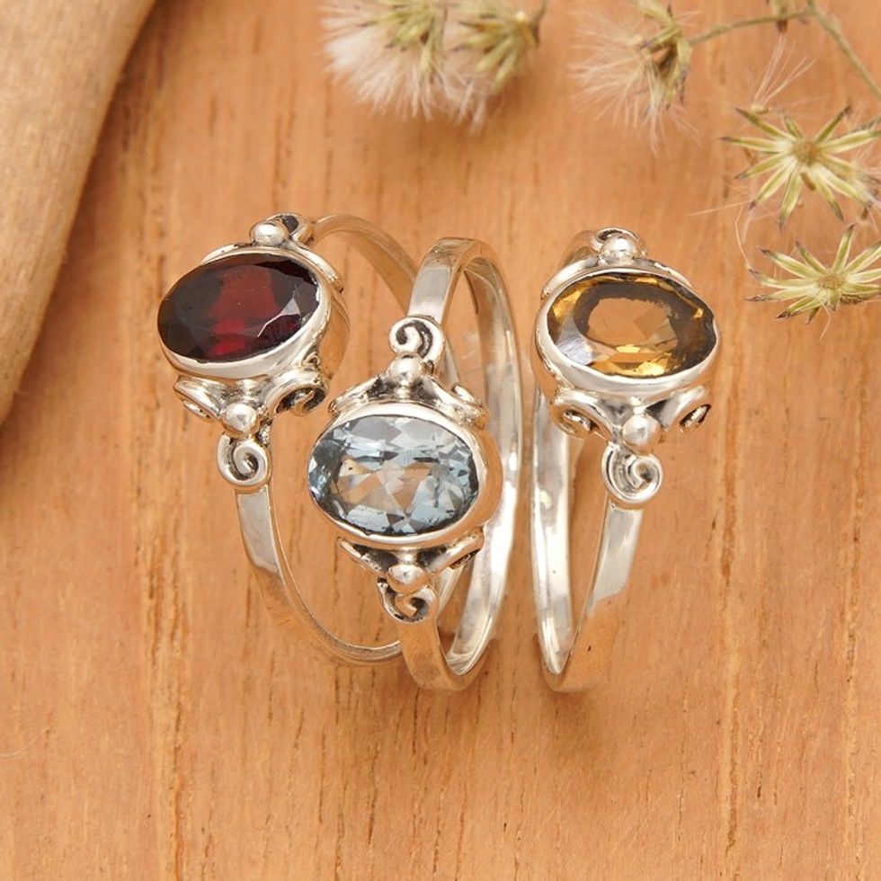 High-Polished 3-Piece Single Stone Ring Set with Oval Gems 'Sublime Colors'